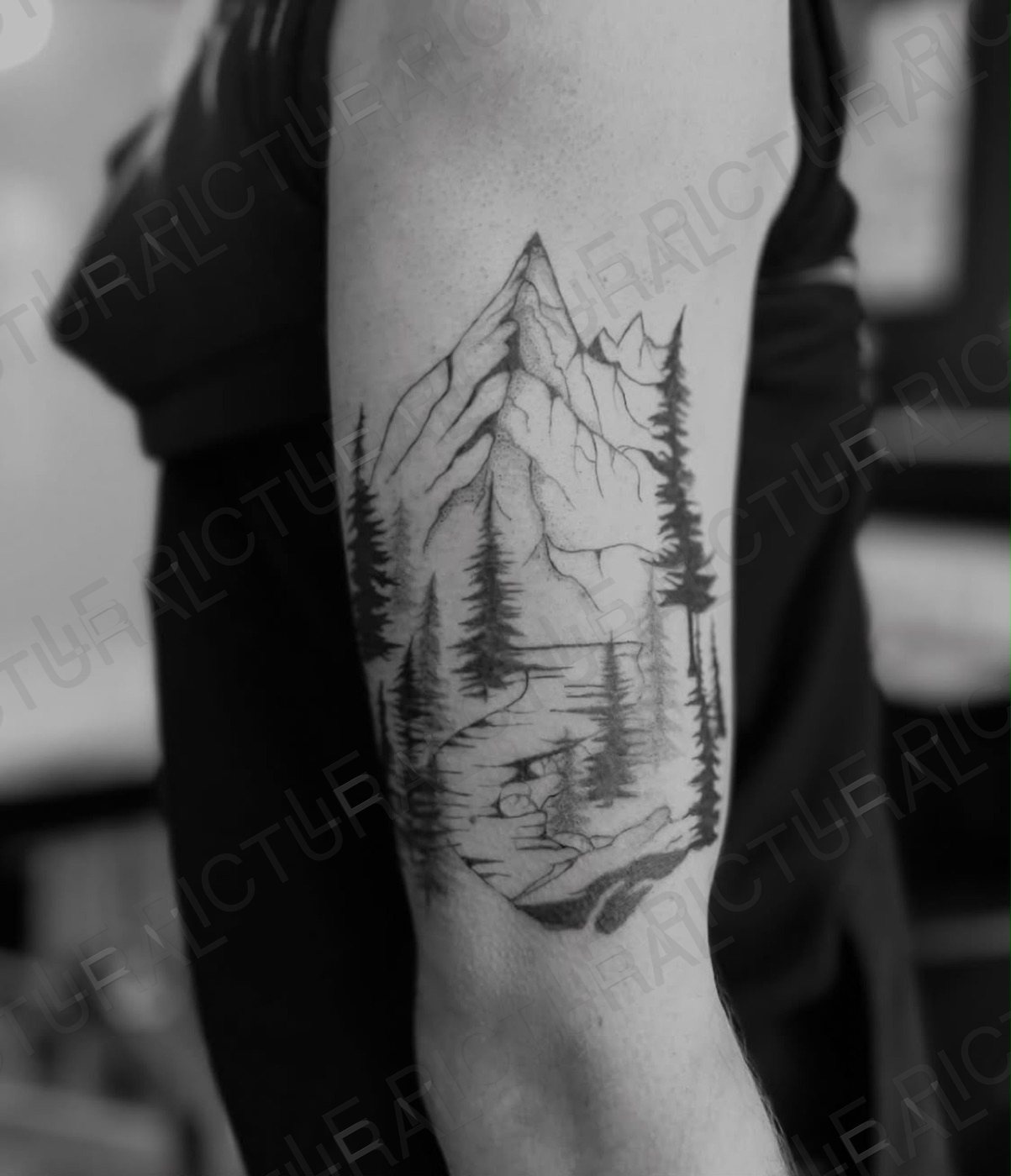 Tatouage de paysage de montagne et de forêt sur un bras